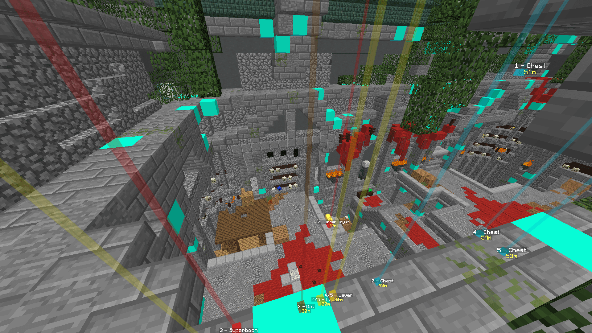 Dungeon Rooms Mod in action showing waypoint beams and labeled chest locations with distances in a Hypixel Skyblock dungeon room